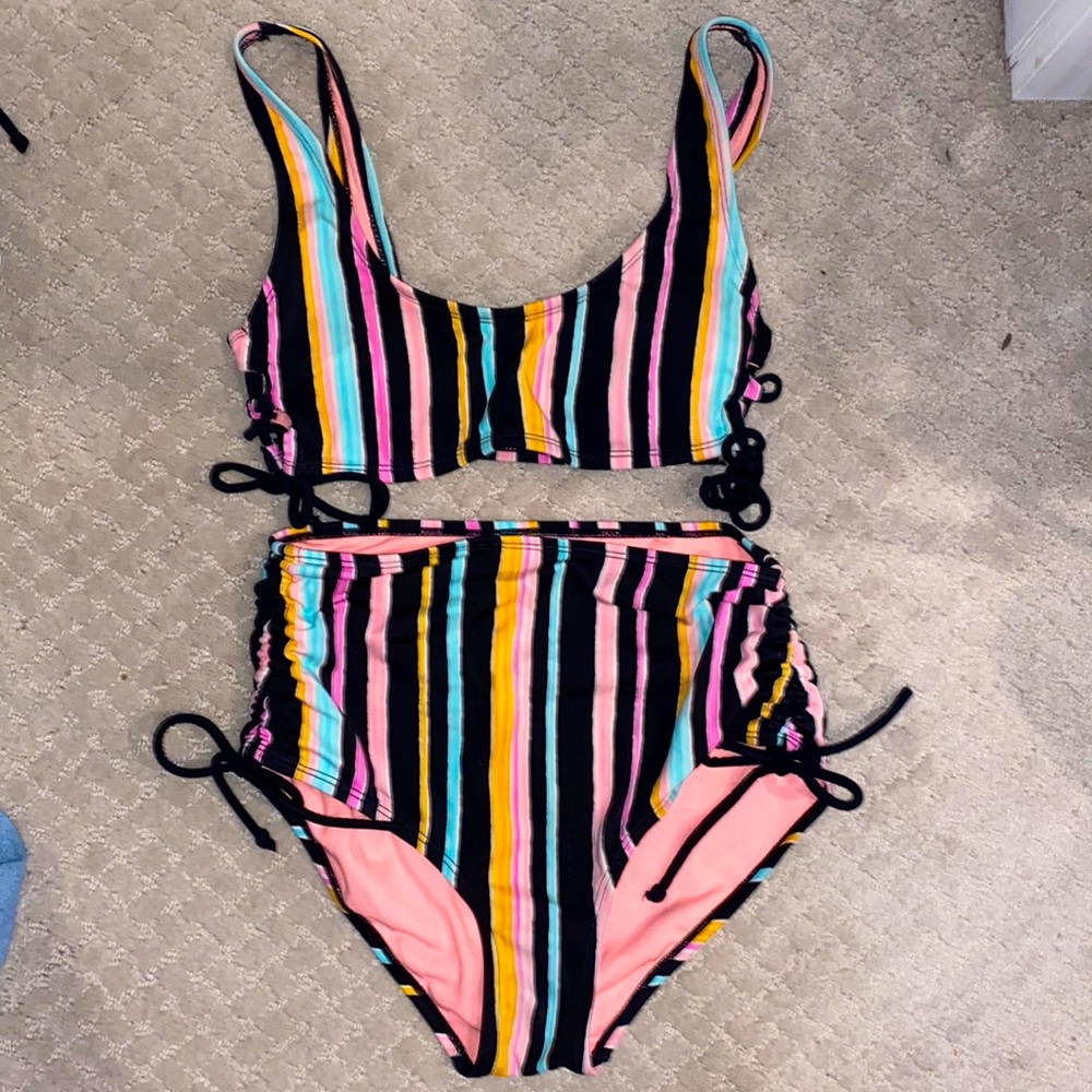 Black and Pink Color Stripped Arizona Jean Co High Wasted Bikini with Side Ties